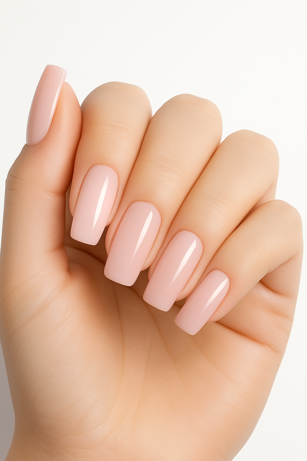 Hand with light pink nail polish on a white background