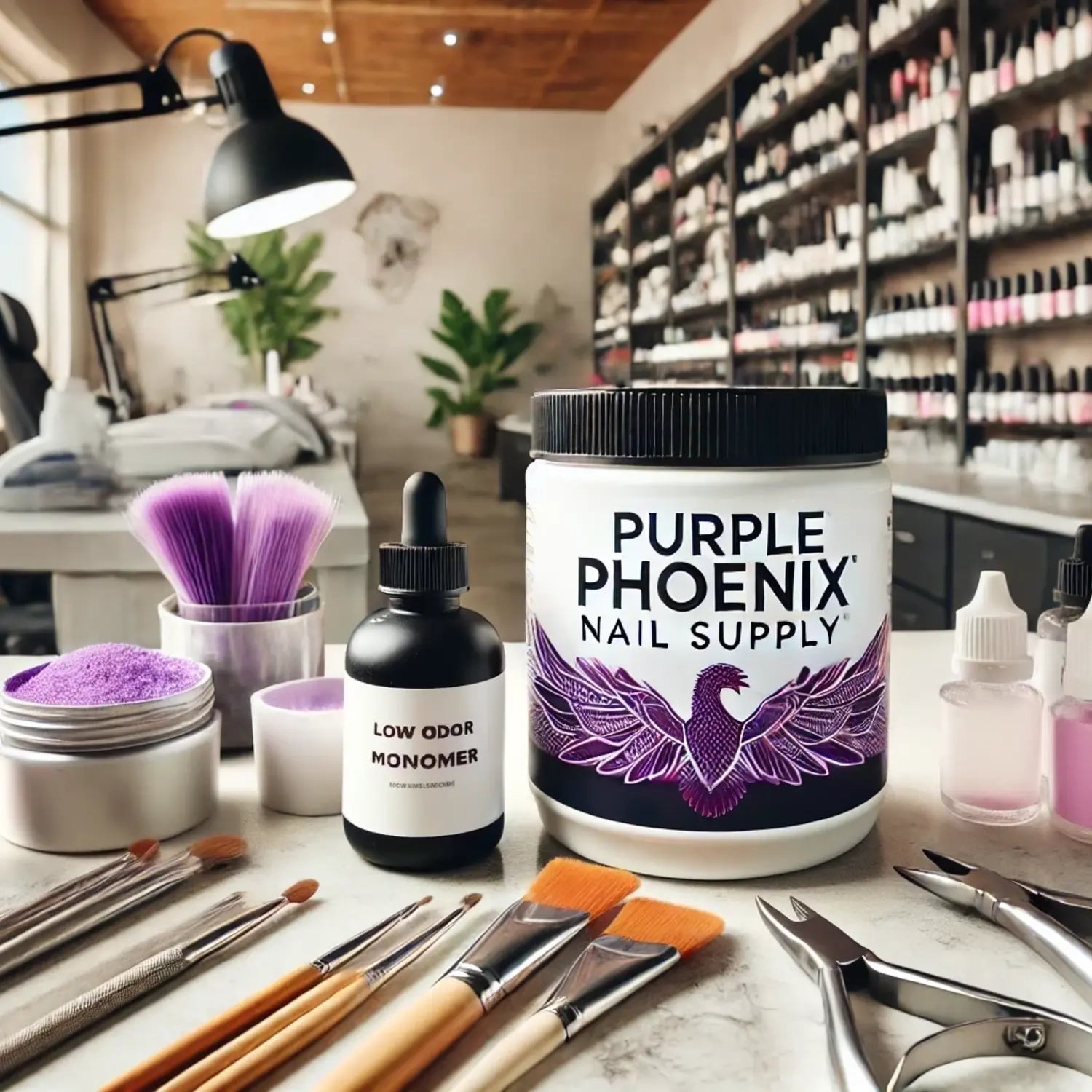 nail salon with Purple Phoenix Nail Supply Product On Table