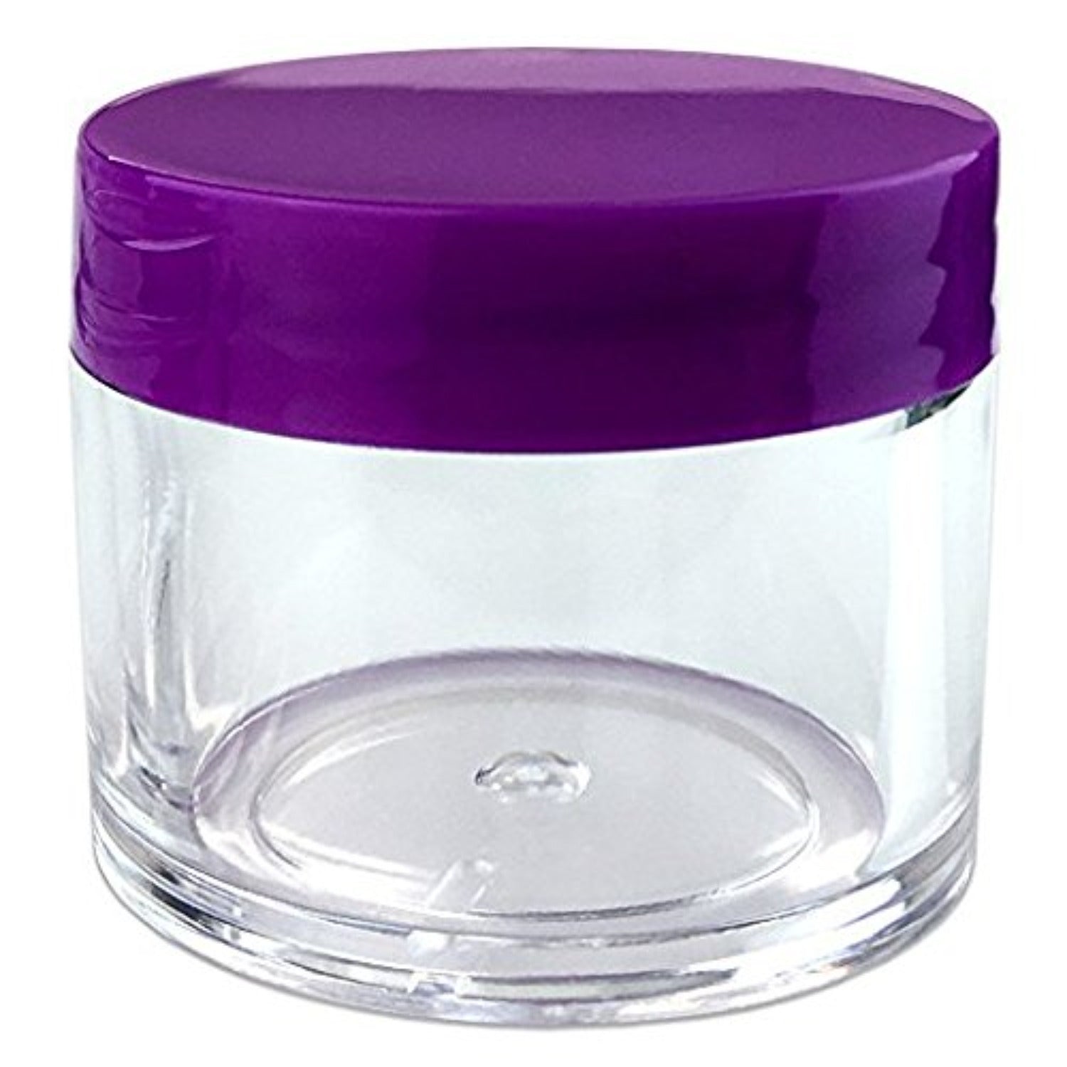 Clear acrylic jars with purple lids, arranged in a neat row. Each jar measures 1.8 inches in height and 1.5 inches in diameter, showcasing their use for storing nail acrylic powder or nail charms.