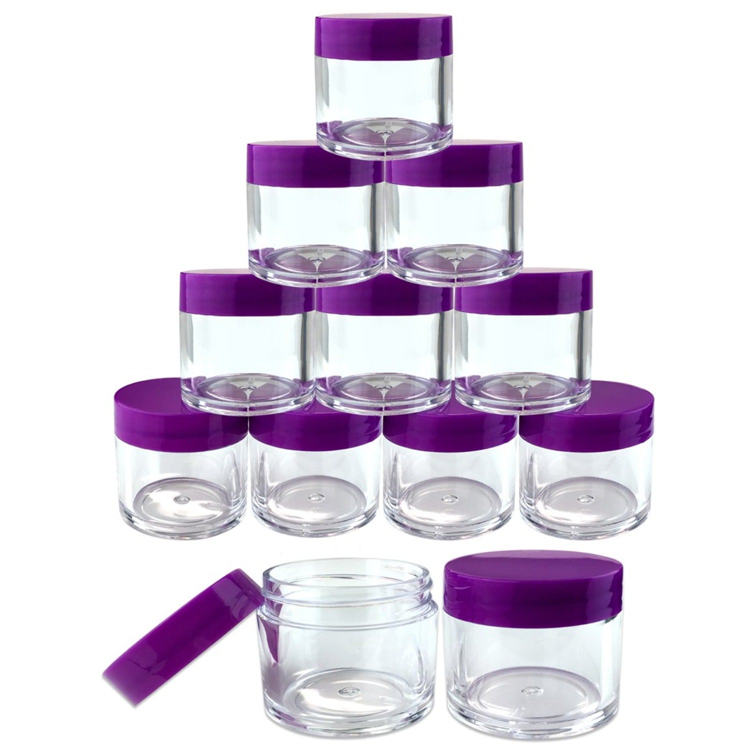 Clear acrylic jars with purple lids, arranged in a neat row. Each jar measures 1.8 inches in height and 1.5 inches in diameter, showcasing their use for storing nail acrylic powder or nail charms.