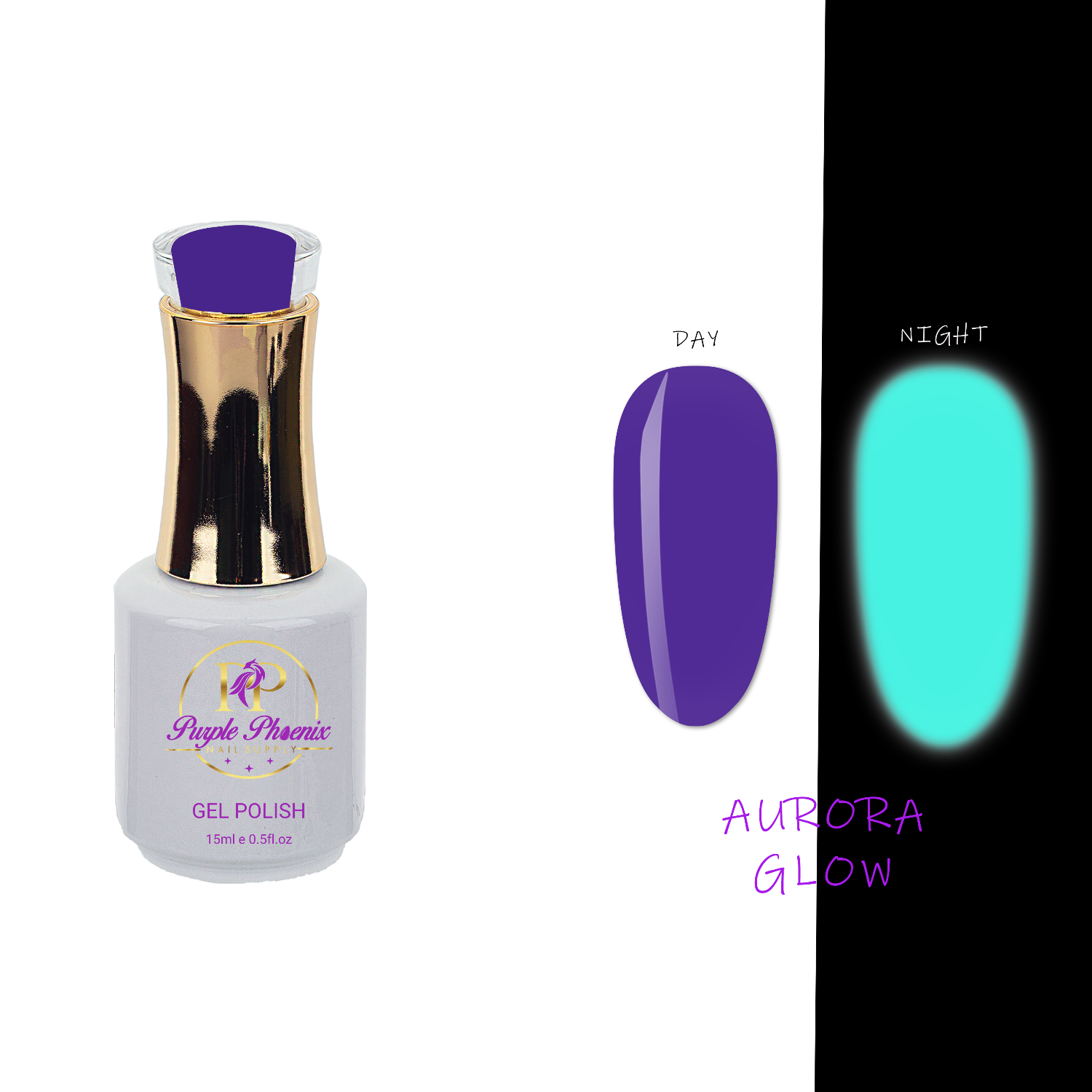 Purple Phoenix Gel Polish bottle next to a swatch of the 'Aurora Glow' color. The swatch shows the polish as a vibrant purple during the day and glowing turquoise in the dark