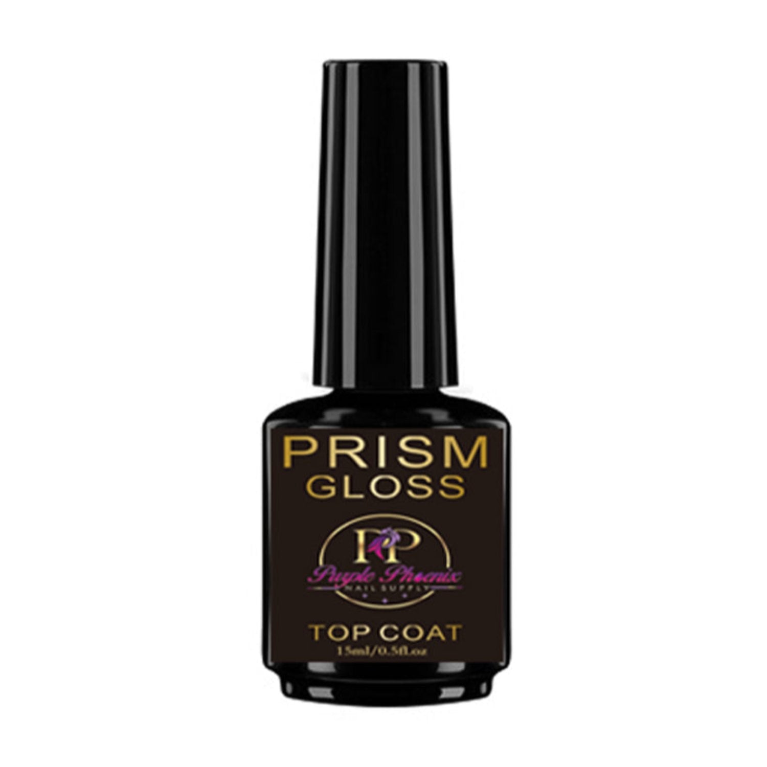 Prism Gloss Top Coat by Purple Phoenix Nail Supply in a 15ml glossy black bottle, ideal for gel polish applications