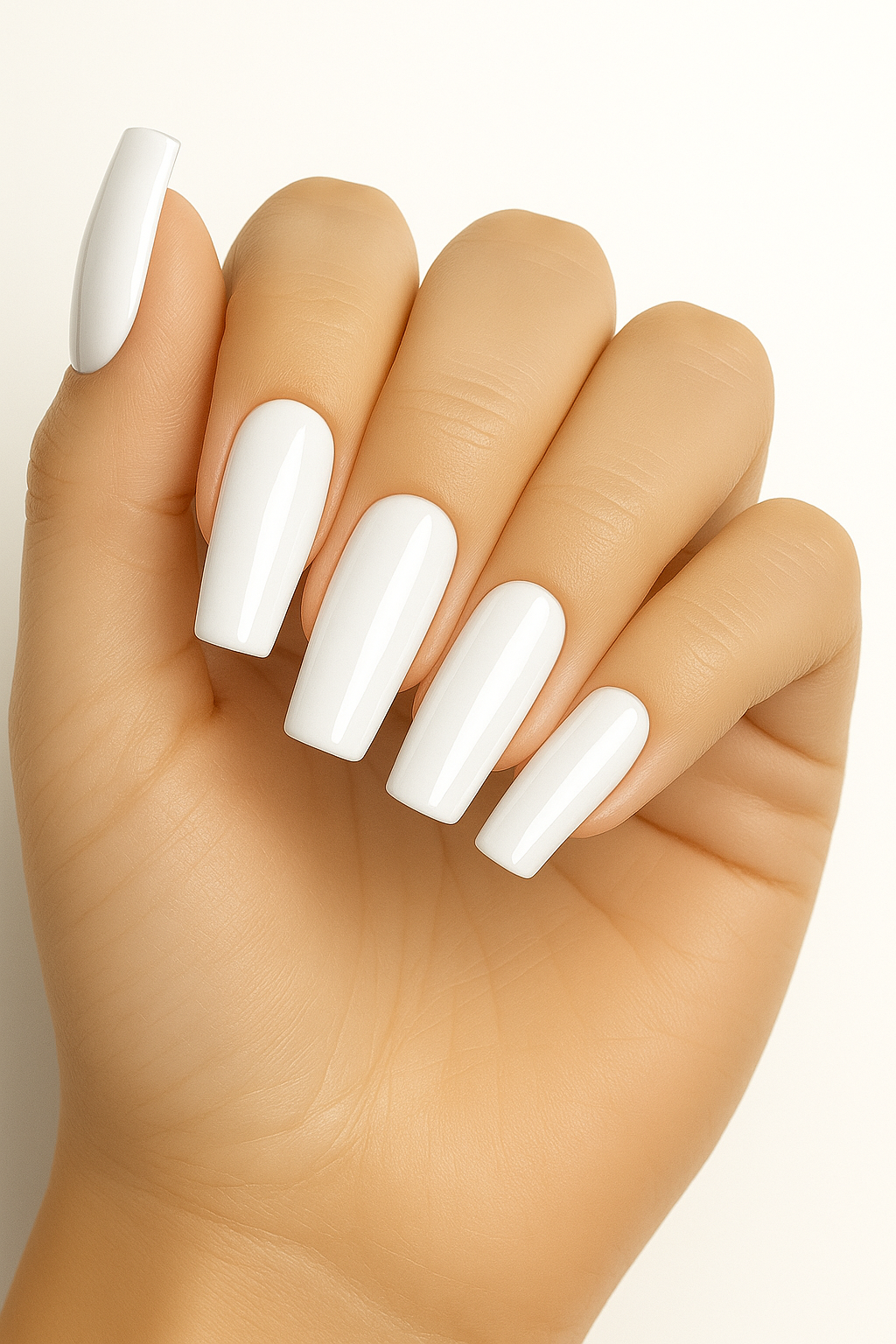 Hand with white nail polish on a plain background