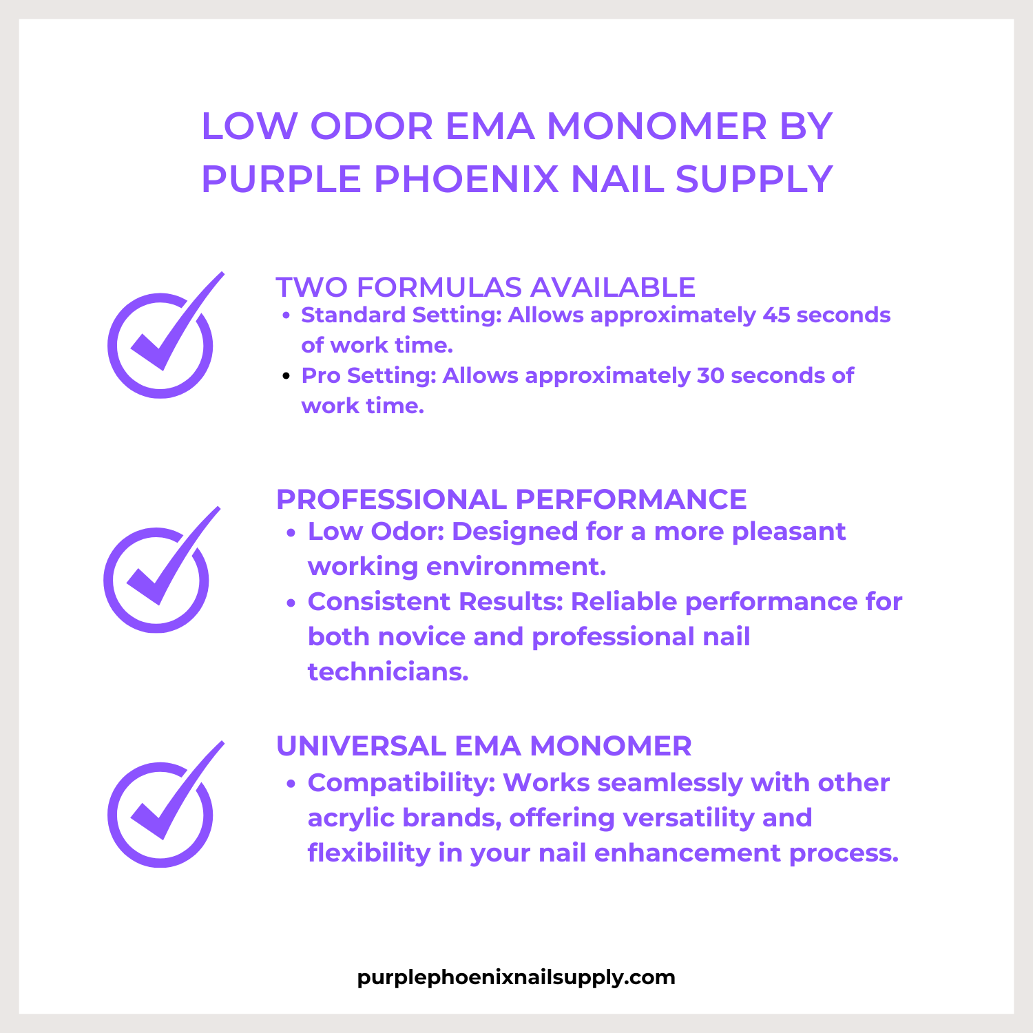 Two Formulas Display: Side-by-side comparison of the Standard Setting and Pro Setting Low Odor EMA Monomer bottles, highlighting the different work times.